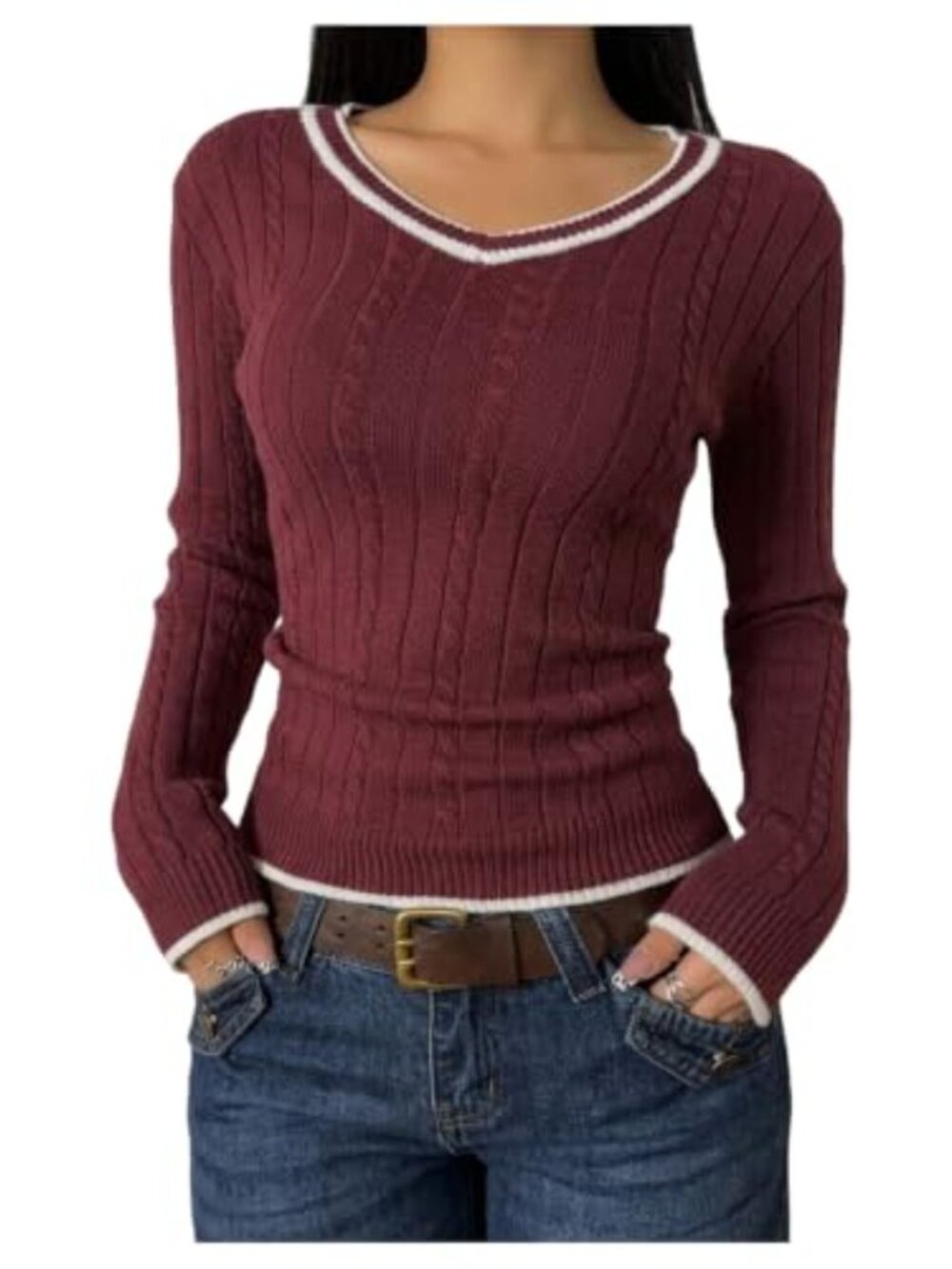 Cable Knit Pullover Sweater V-Neck Drop Shoulder Slim Fit Preppy
